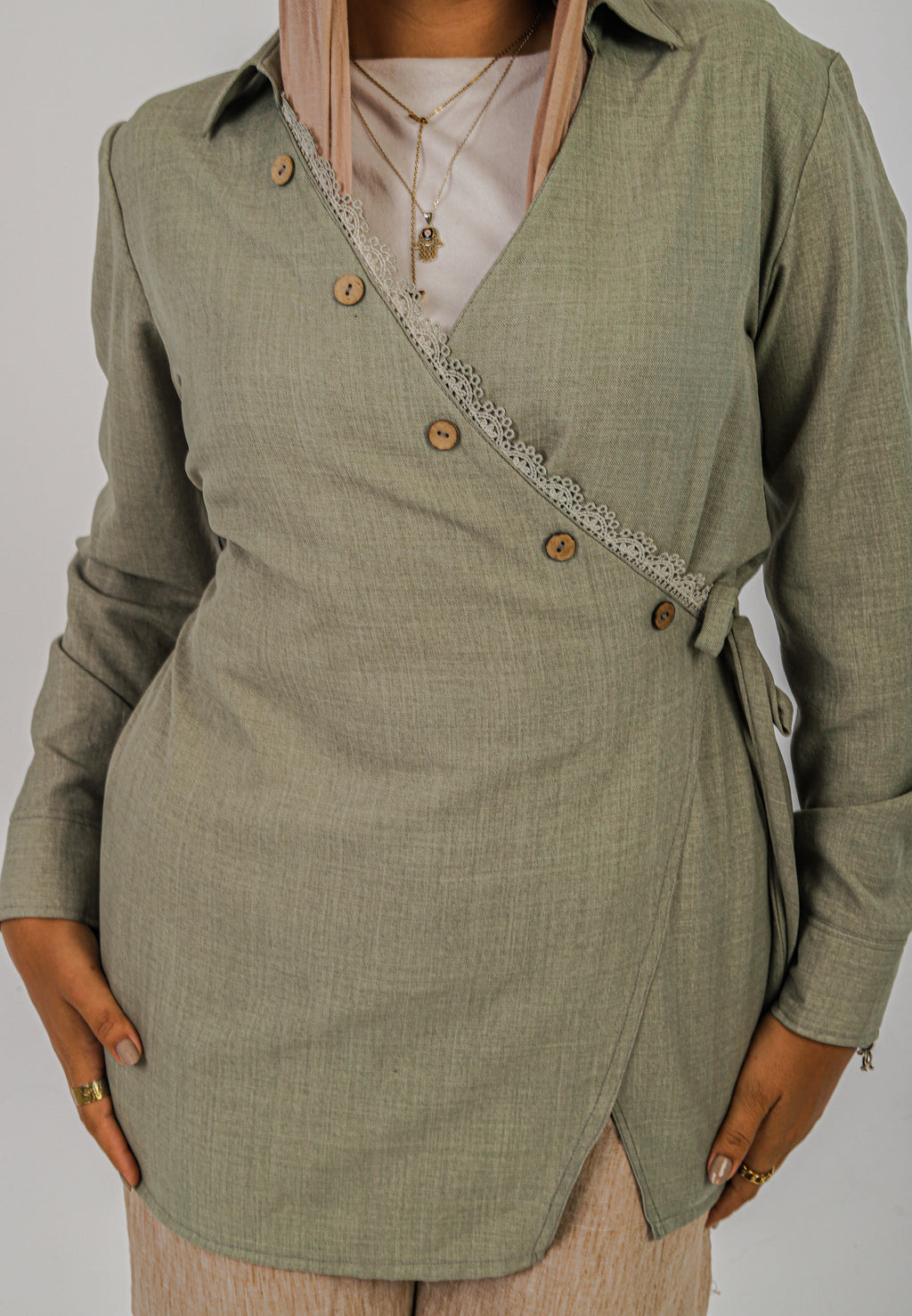 Sage Lace Wrap Blouse